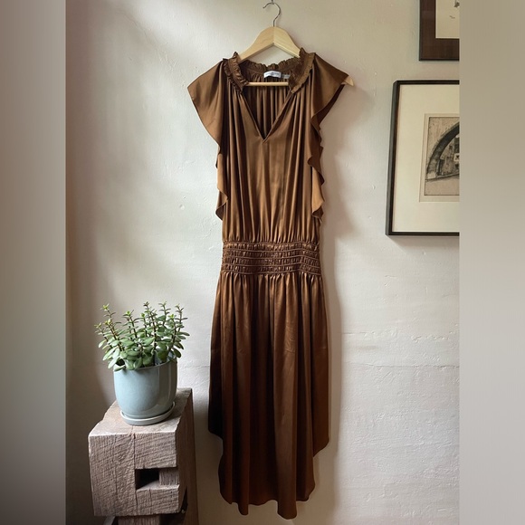 Ramy Brook Dresses & Skirts - Ramy Brook New York Wren Flutter Sleeve Satin Dress Copper Small Smocked Waist